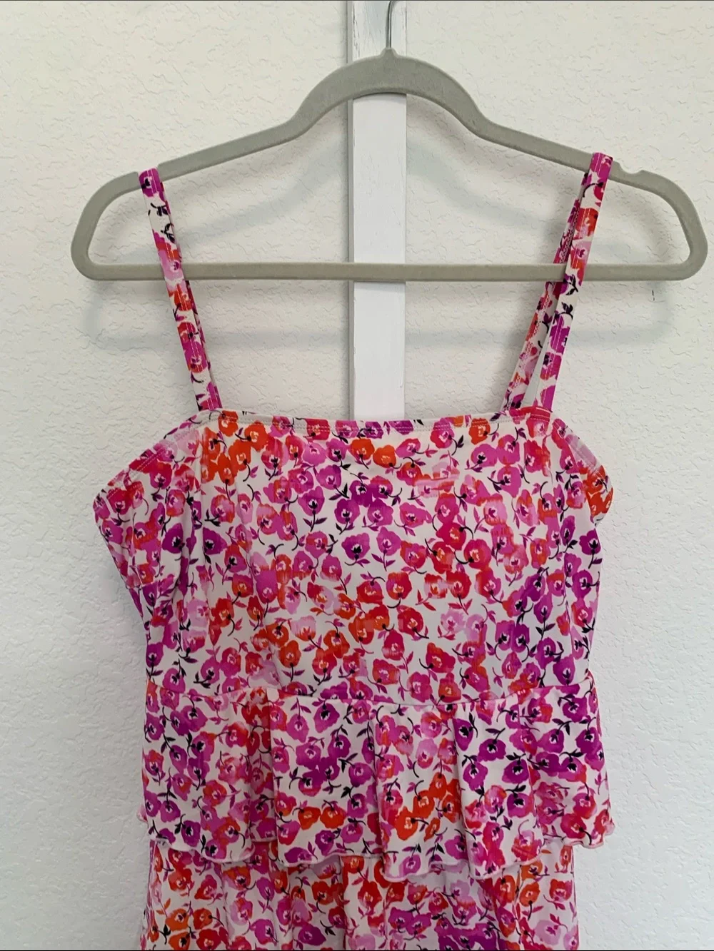 Lane Bryant Floral Pink Tiered Spaghetti-Strap Tankini Swim Top